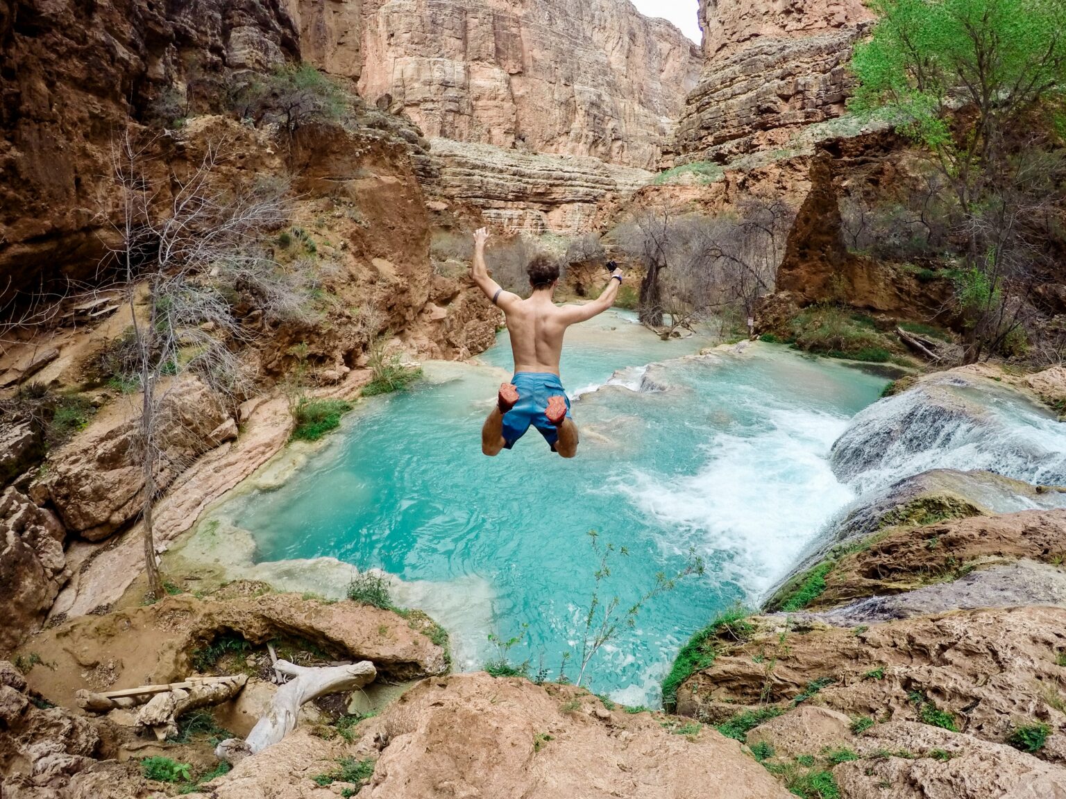 Beautiful shot of a person wearing swimsuit jumping off a cliff into the water surrounded by trees