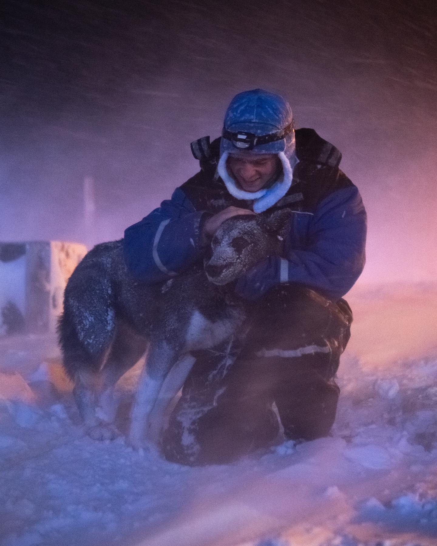 Ung rejsende med en slædehund på Svalbard