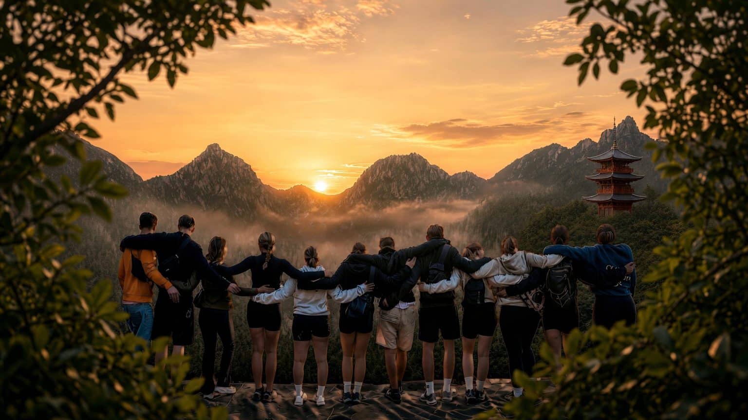 En gruppe unge med armene om hinanden foran bjerge ved solnedgang