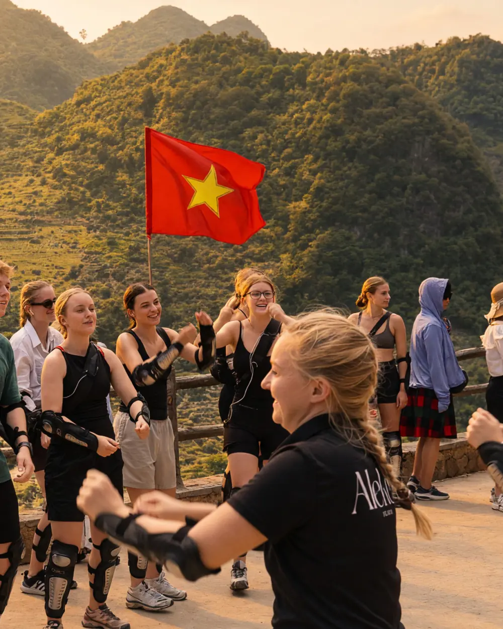 Rejsende med det vietnamesiske flag på et udsigtspunkt i bjergene