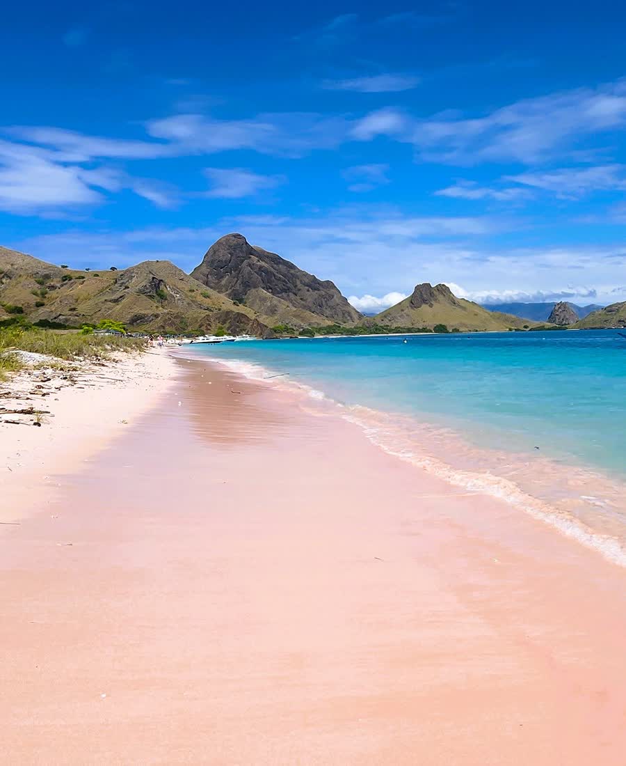 Pink Beach med lyserødt sand og turkist vand i Komodo